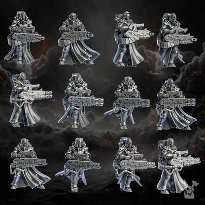 Metallic figurines of soldiers with weapons on a dark background