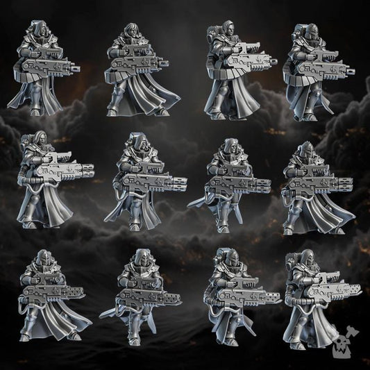 Metallic figurines of soldiers with weapons on a dark background