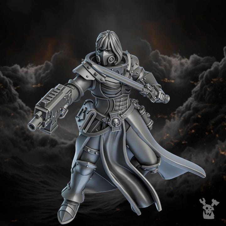 Gray warrior figurine with a weapon on a dark background
