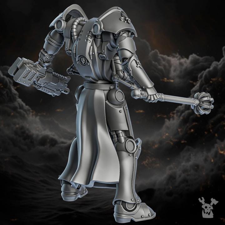 Mechanical figure with a dark, smoky background