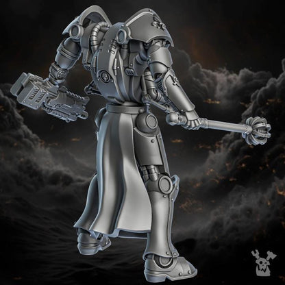 Mechanical figure with a dark, smoky background
