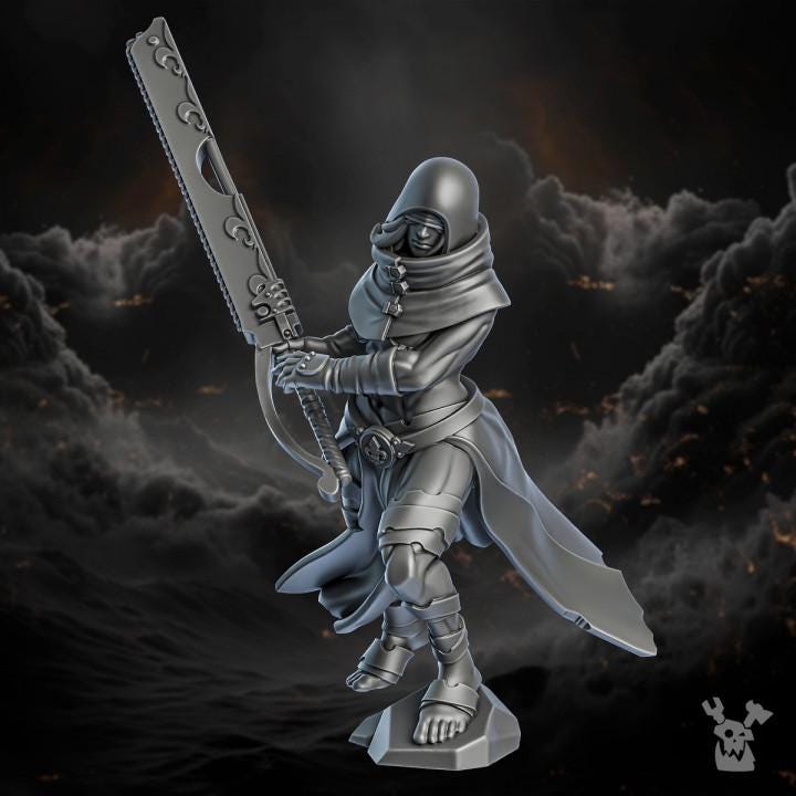Metallic figurine of a warrior holding a large sword against a dark, smoky background.