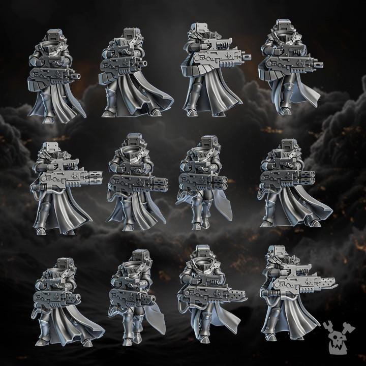 Metallic figurines with armor and weapons on a dark background