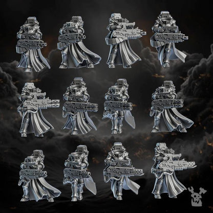 Metallic figurines with armor and weapons on a dark background