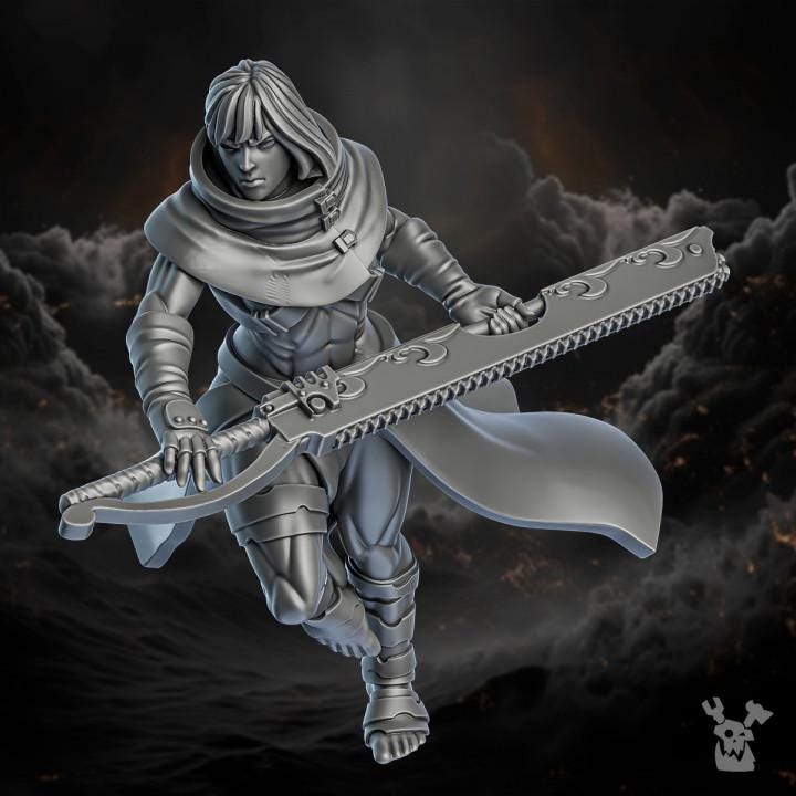 Gray figurine of a warrior holding a large weapon against a dark background