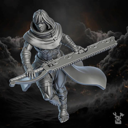 Gray figurine of a warrior holding a large weapon against a dark background