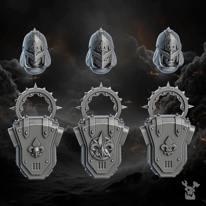 Set of six gray metallic door handles with intricate designs on a dark background