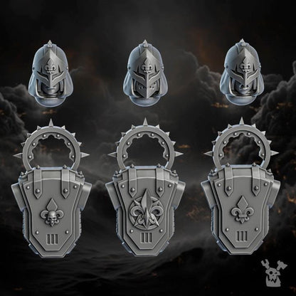 Set of six gray metallic door handles with intricate designs on a dark background